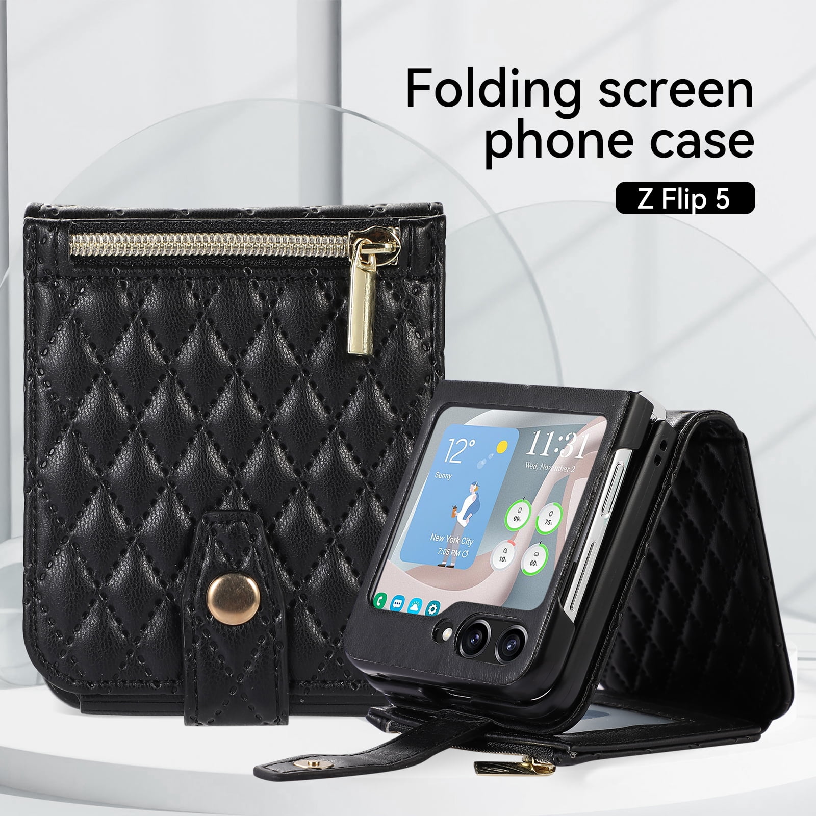 TECH CIRCLE Cover for Samsung Galaxy Z Flip4 Case with Shoulder Strap+Wristlet, Elegant Phone Handbag Design Multiple Card Slots Pocket Wallet Case for Galaxy Z Flip 4 Full Protective Shell-Black