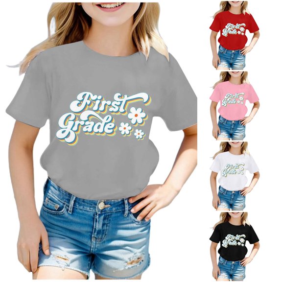Rhuody Toddler Tops For Girl Summer Short Sleeve Crewneck Cartoon Letter Prints Tee 2-3 Years Grey
