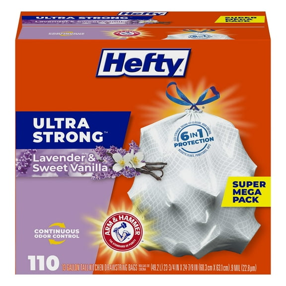 Hefty Ultra Strong 13 OKA4 Gallon Trash Bags, Tall Kitchen Trash Bags 13 Gallon Size, Drawstring Closure, Continuous Odor Control, White, Lavender and Sweet Vanilla Scent, 110 Bags
