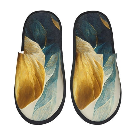 Balery Golden Blue Leaf Design Slient Indoor Furry Fleece Comfort House Shoes Soft Non-Slip Home Shoes Cotton slippers House Slippers-- Large