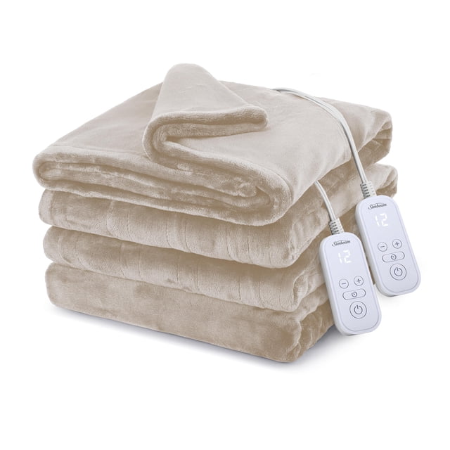 Sunbeam full queen size beige velvet electric heated blanket folded with two controllers displaying 12 heat settings and auto shut-off feature.