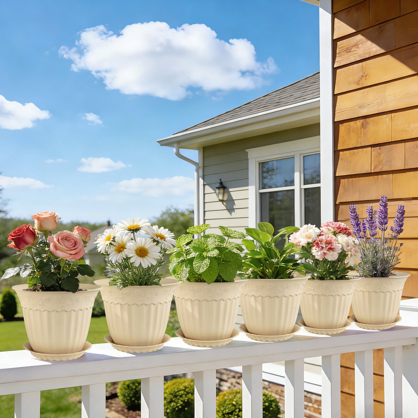 FIASON 6 Pack 8 Inch Beige Embossed Plastic Plant Pots, Vine Pattern Flower Planters with Drainage Holes and Saucers, Indoor Outdoor Decorative Plant Pots