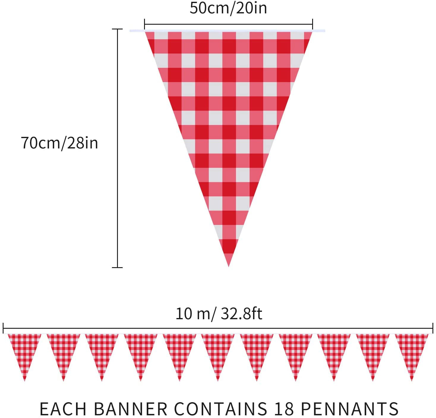 2 Pieces Large Plastic Red And White Checkered Gingham Pennant Banner，Large Gingham Triangle Banner Red And White Banner For Picnic Birthday/Christmas Party Decoration Supplies-32.8 Feet 