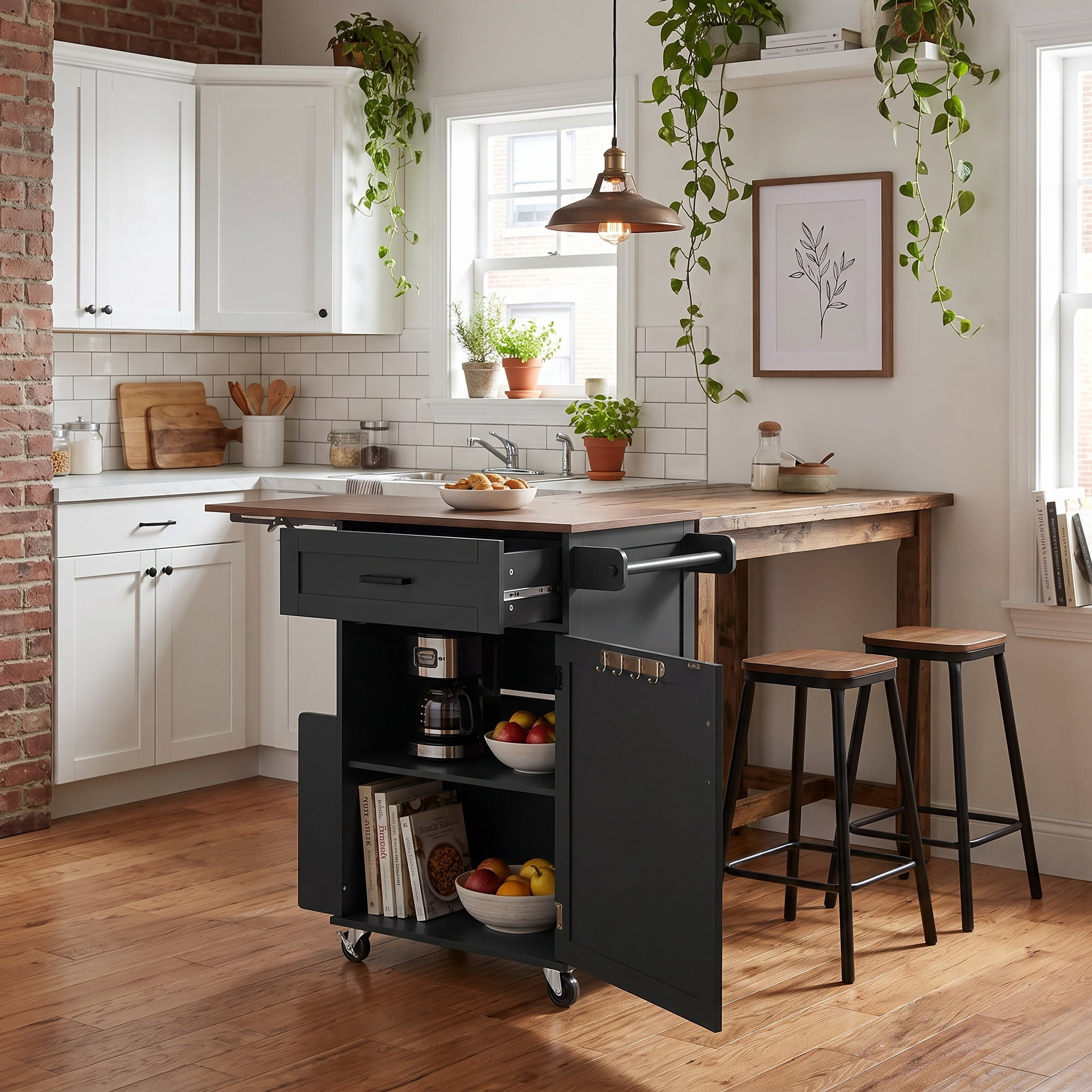 Homy Casa 39" Rolling Kitchen Island Cart with Drop Leaf, Drawer, Cabinet & Spice Rack, Black