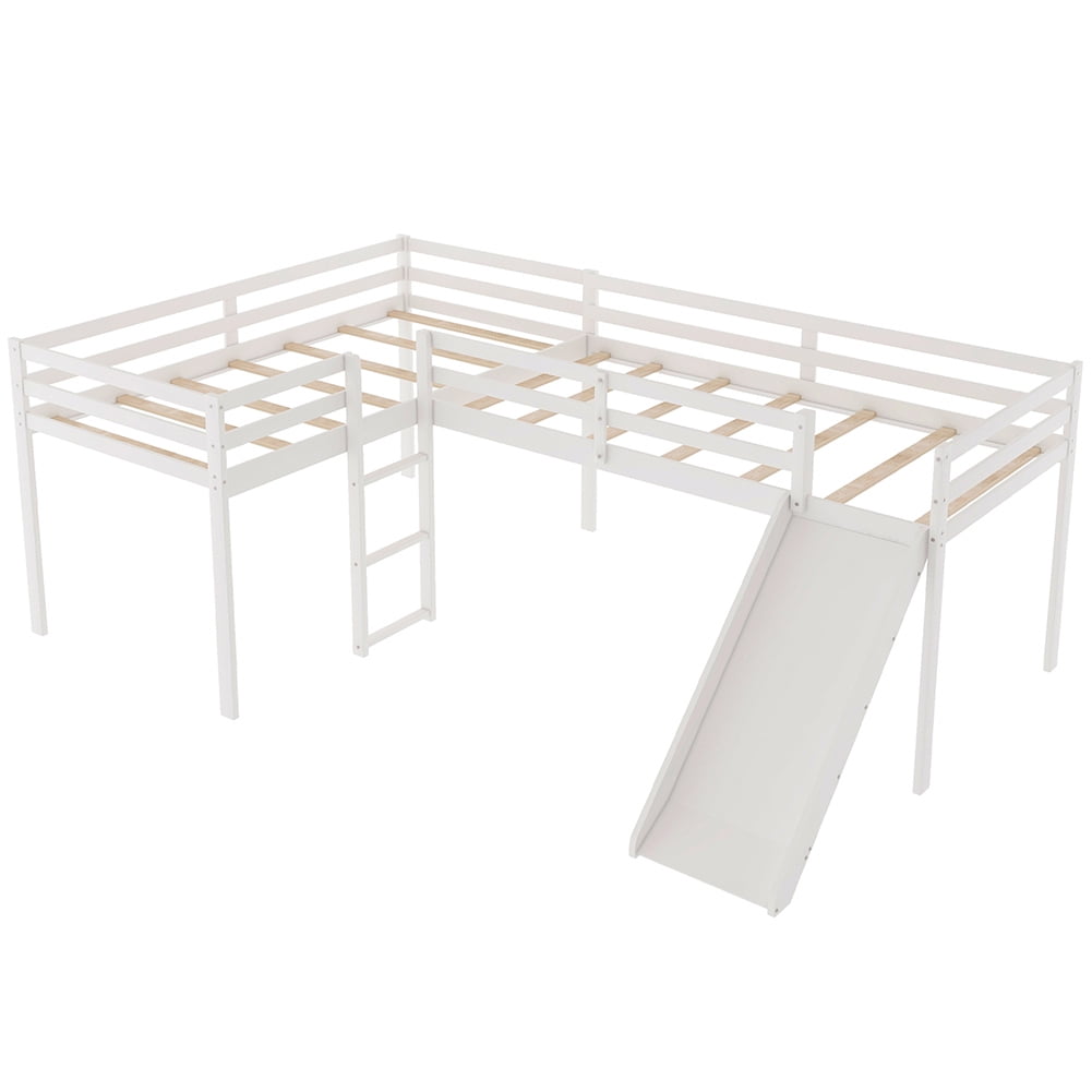 Kadyn L Shaped Loft Bed in Kid's Bedroom with Ladder and Slide, White Kadyn L Shaped Loft Bed in Kid's Bedroom with Ladder and Slide, White