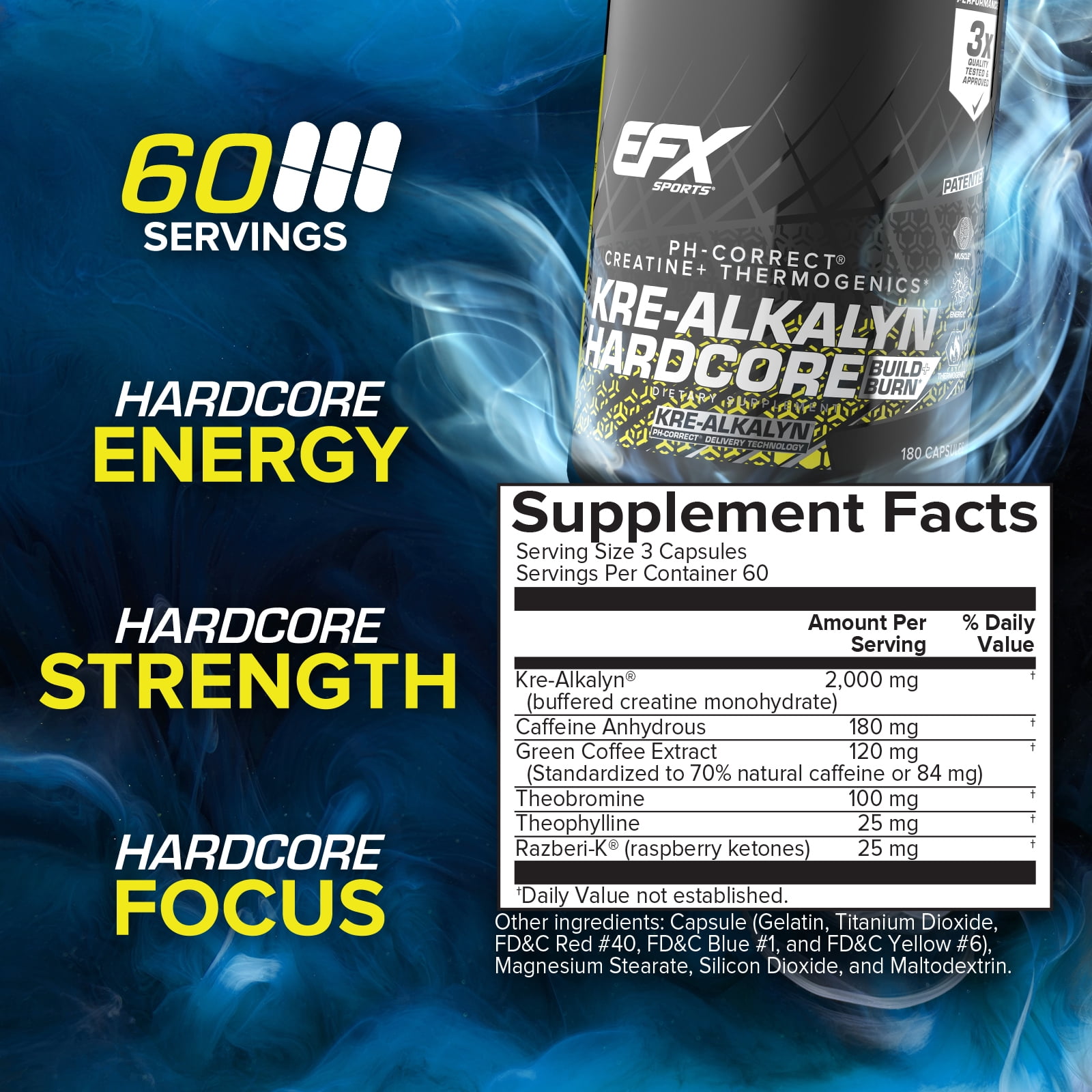 EFX Sports Kre-Alkalyn Hardcore , Thermogenic pH Correct Creatine Monohydrate Pill Supplement , Energy & Strength Pre Workout , 60 Servings, 180 Capsules 180 Count (Pack of 1)