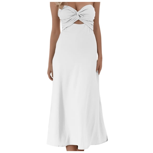 Robe Midi Aguichant Sans Bretelles à Encolure Cœur - Robe Tube en Lin à Smocks et Découpes pour Invitée de Mariage