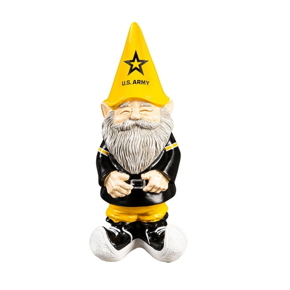 U.S. Army Garden Gnome, 11 Inch Resin Statue, Indoor Outdoor Military Decor with Yellow Hat, Black Uniform