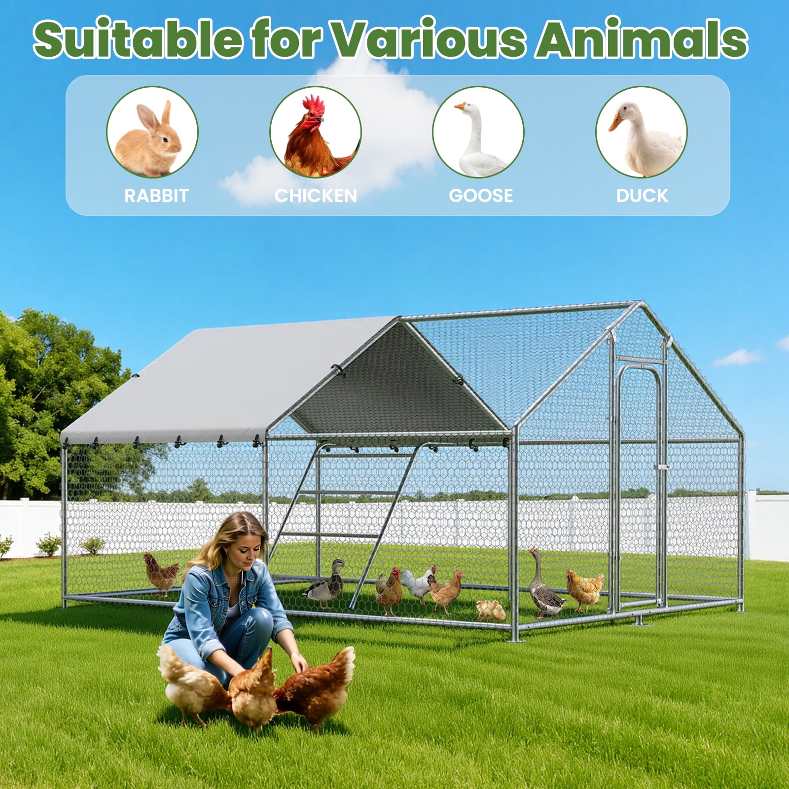 YOKWOK 9.8‘Lx10'W Large Metal Chicken Coop with Climbing Frame, Outdoor Walk-in Poultry Cage Heavy Duty Chicken Runs Hen House with Waterproof Anti-UV Cover for Yard and Outdoor Farm, Spire Roof