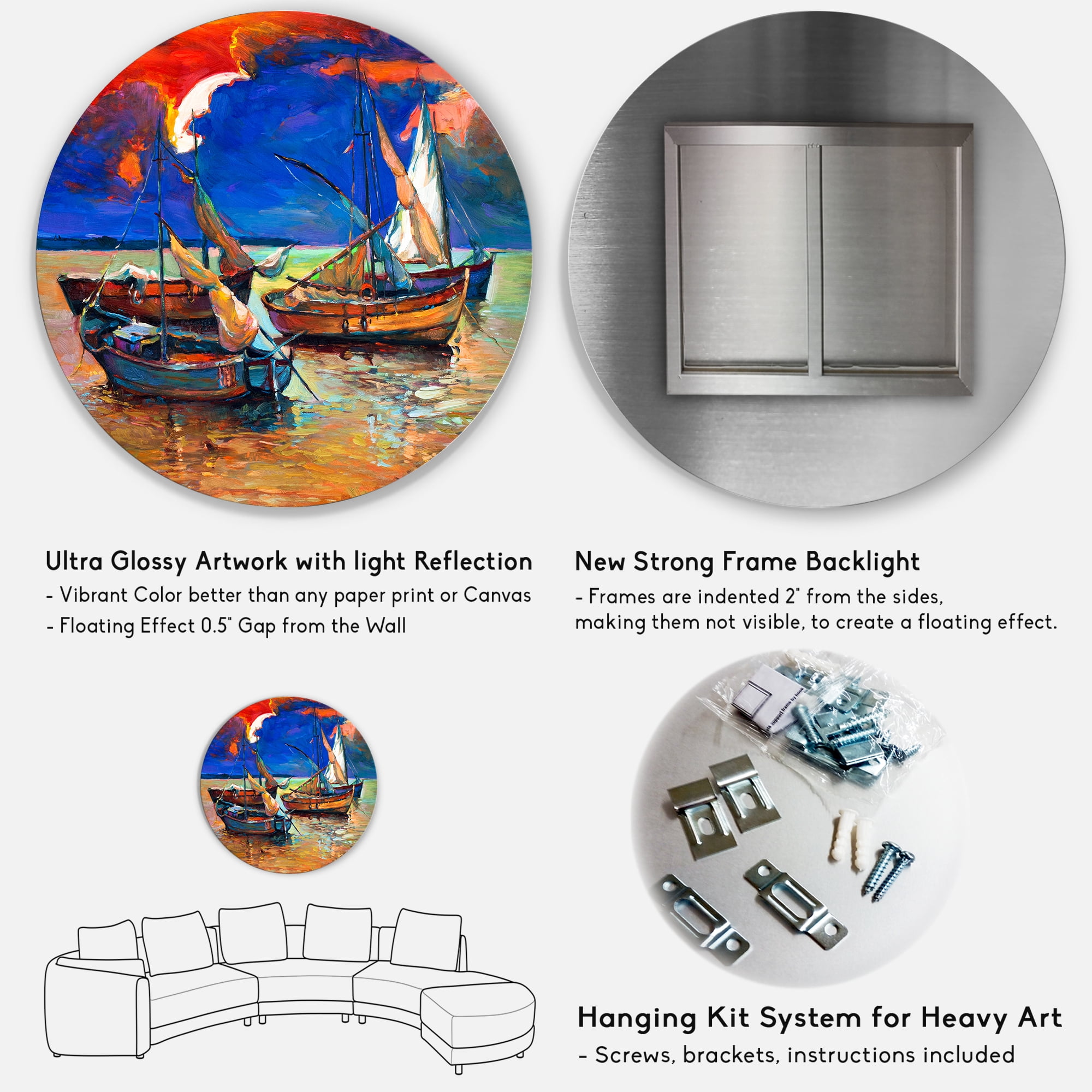 Designart 'Boats On The Water With Dark Blue Sky I' Lake House Circle Metal Wall Art 23x23 - Disc of 23
