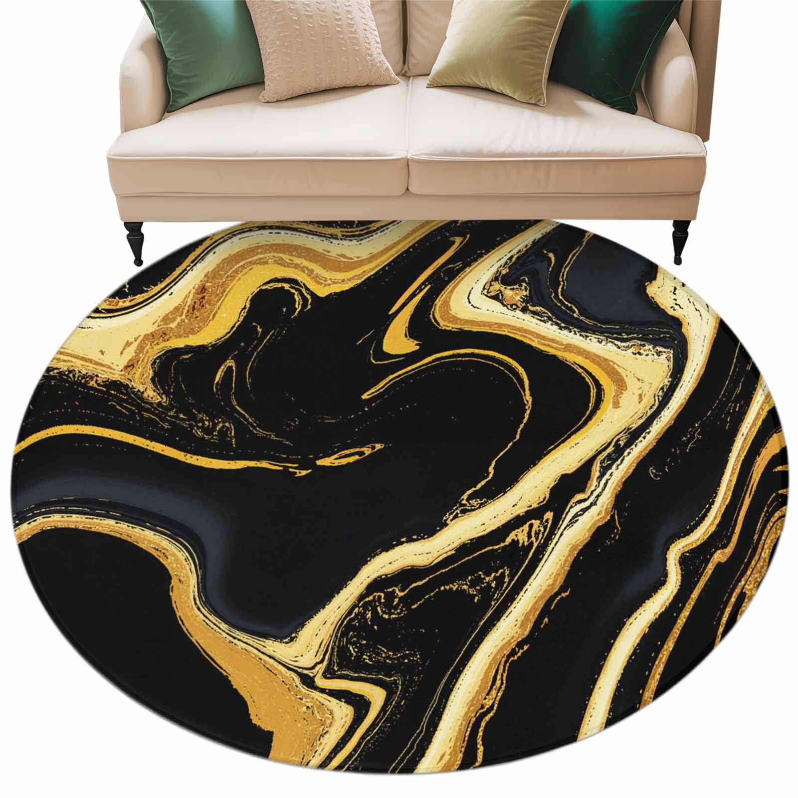 Black Gold Round Living Room Rugs 7 ft, Marble Luxury Abstract Glitter Fluid Pattern Washable Area Rug with Non-Slip Sturdy Edge Binding Round Carpet for Kitchen Office Bedroom