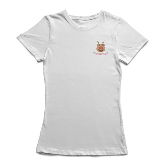 Merry Christmas Happy Rudolph Reindeer Pocket Graphic  Women White T-Shirt, Female x-Large