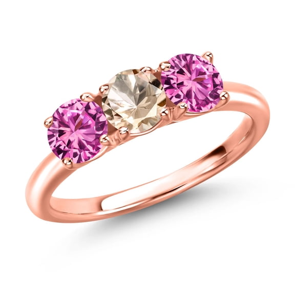 Gem Stone King 18K Rose Gold Plated Silver Peach Morganite and Pink Created Sapphire Engagement Ring for Women | 1.50 Cttw | Round 5MM | Gemstone October Birthstone | Size 8