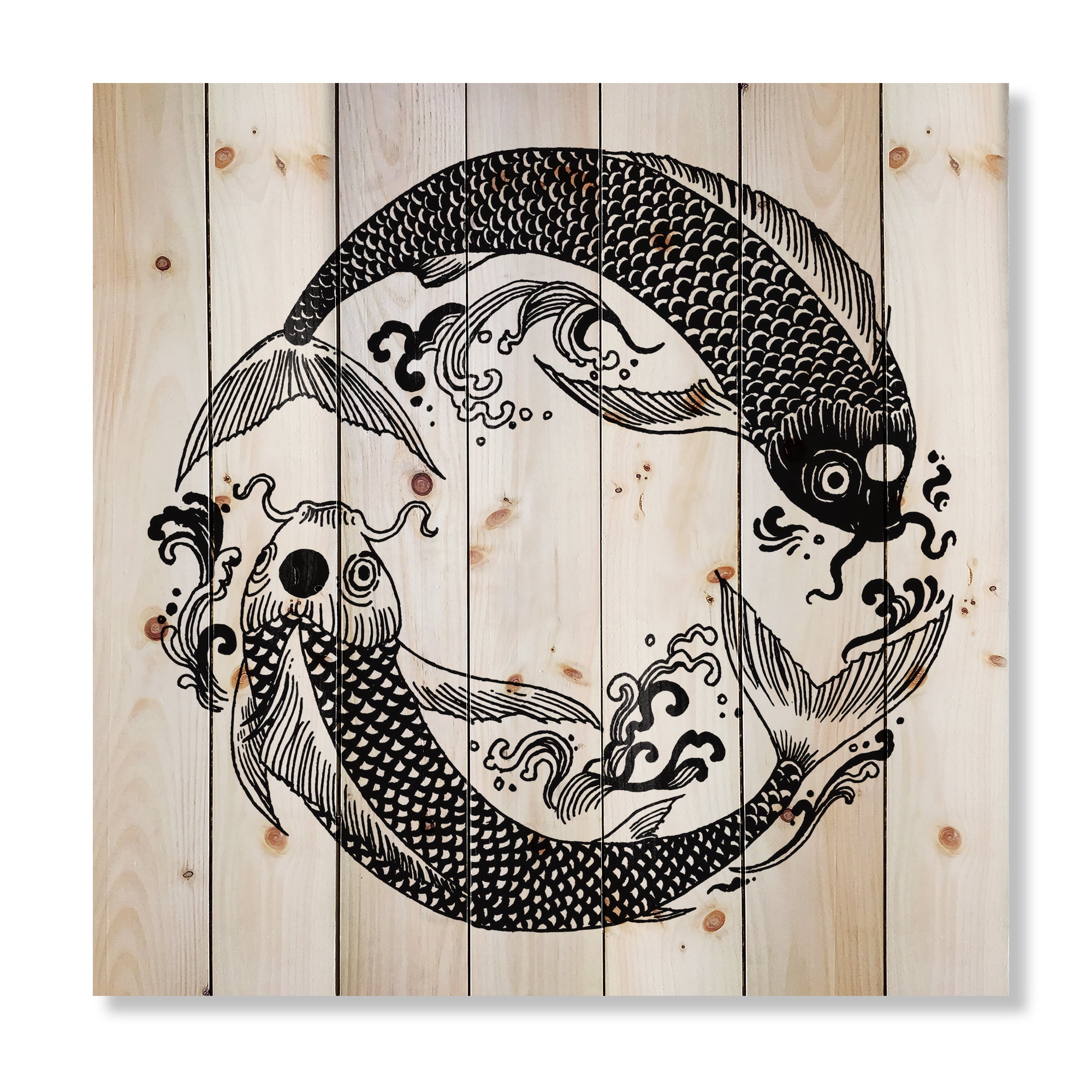 Designart 'China Koi Fish In Chinoiserie Style III' Nautical & Coastal Print on Natural Pine Wood