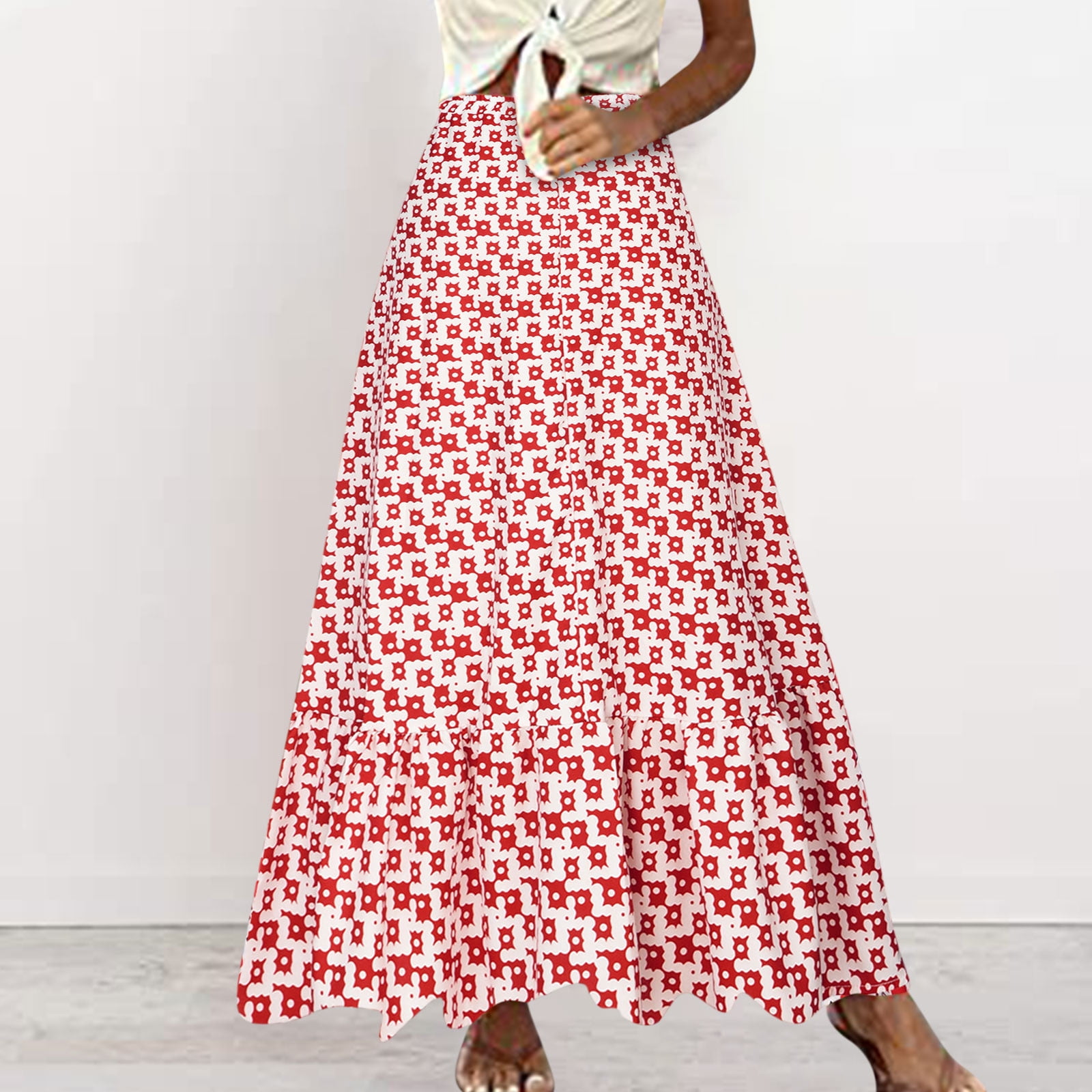 Boho Skirt for Women Trendy High Waisted Printed Long Skirt Ruffle A Line Flowy Beach Holiday Maxi Skirts
