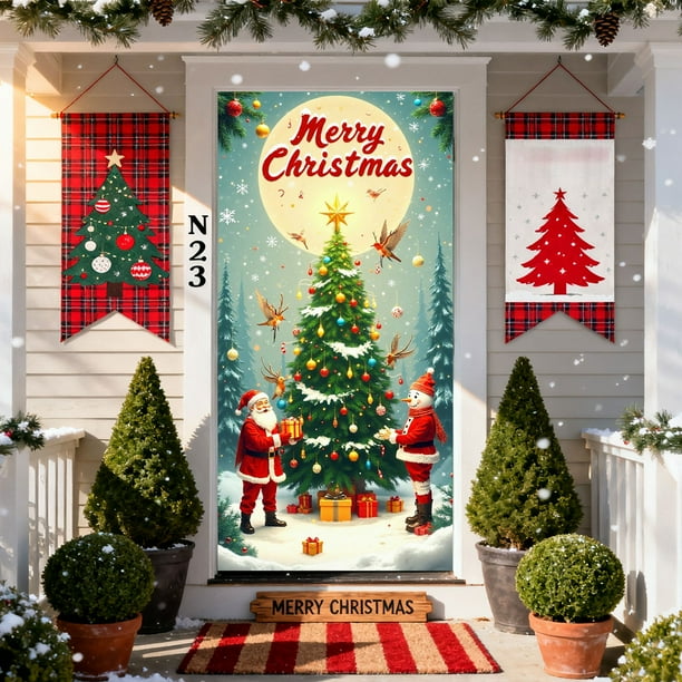Cortina Navideña de Poliéster de 35 X 72 Pulgadas con Diseño de Papá Noel | Decoración Navideña Duradera para Puertas, Paredes y Mesas | Fácil de Instalar para Fiestas Navideñas