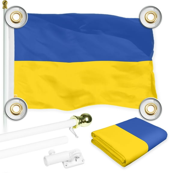 G128 Combo Pack: 6 Ft Tangle Free Aluminum Spinning Flagpole (White) & Ukraine Ukrainian Flag 3x5 Ft, LiteWeave Pro Series Printed 150D Polyester, 4 Corner Brass Grommets | Pole with Flag Included