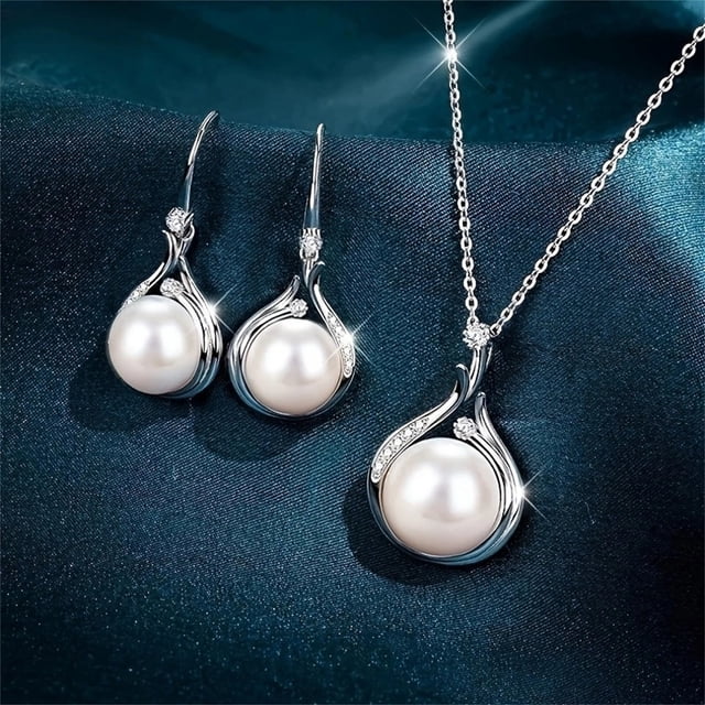 Fiudx Conjunto de Joyas de Perlas, Elegante Collar de Gota de Agua, Delicados Pendientes de Perlas, Diseño Plateado Ajustable, Accesorio para Bodas, Regalo Perfecto para Mujeres, Estilo Único.