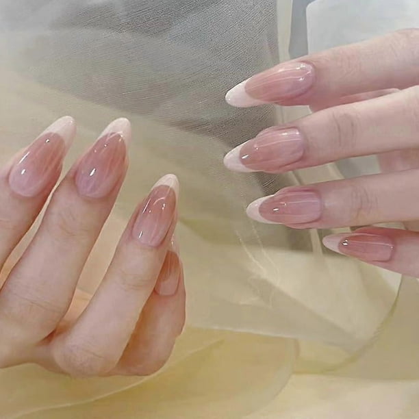 Mgmxbsth 24PCS Enumerated Medium Pressed Nails,Fake Nails, French Tip False Nails, Stick On Nails, Almonds Tip Full Coverage Gel Adhesive Nail, Suitab