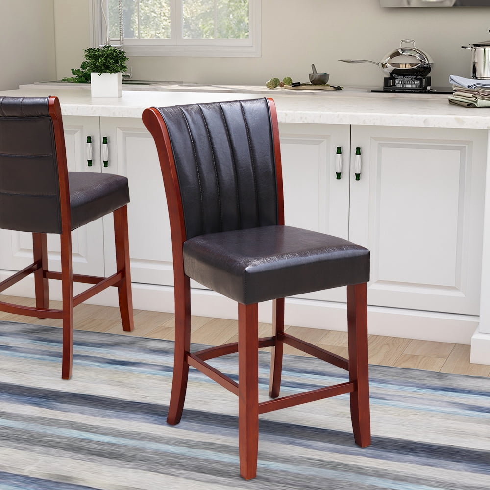 Abble 25" Upholstered Wooden Faux Leather Full Back Bar Stool(Set of 2)