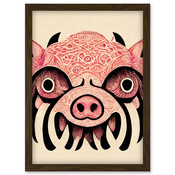 Tribal Pattern Pig Hog Mask Wild Boar Illustration Artwork Framed Wall Art Print A4