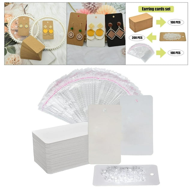 Paquete de 300, 100 tarjetas para pendientes, 100 bolsas autoadhesivas con 100 cierres para pendientes. blanco Cola Tarjetas de pendiente