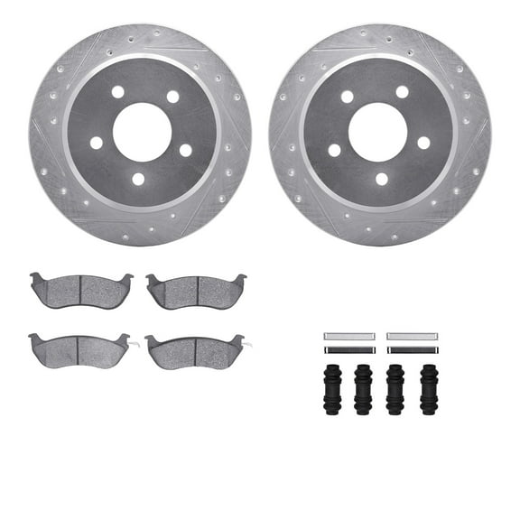 Dynamic Friction Company Rear Brake Rotors-Drilled and Slotted-Silver with 5000 Advanced Brake Pads includes Hardware 7512-56006