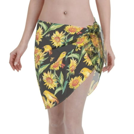 Qekee Sunflowers And Bird Women s Short Sarongs Cover Ups Sheer Bikini Wraps for Swimwear