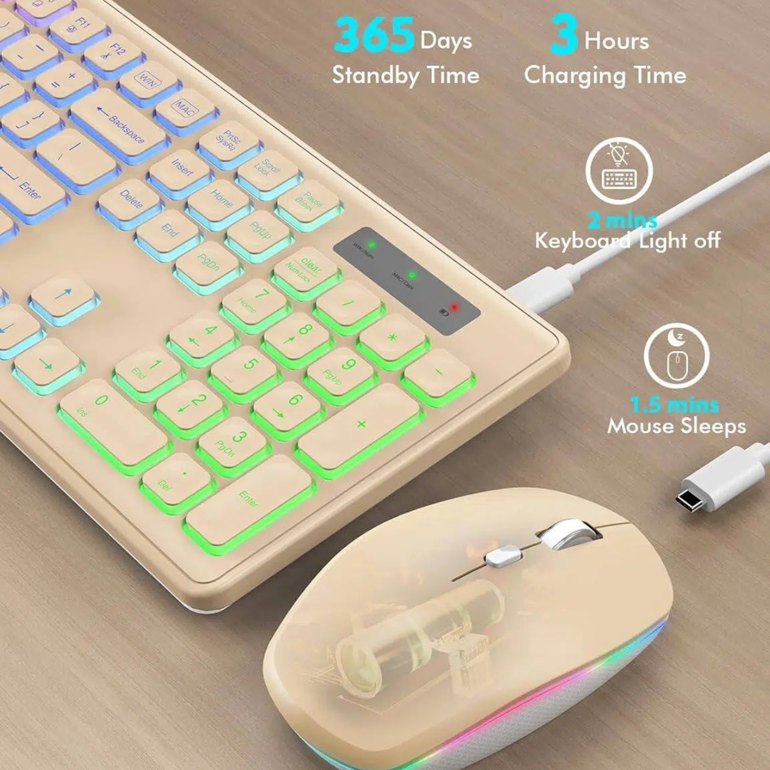 Wagpak Wireless Keyboard and Mouse Combo RGB Backlit Rechargeable 2.4GHz Quiet 108 Keys Keyboard-Desert Gold