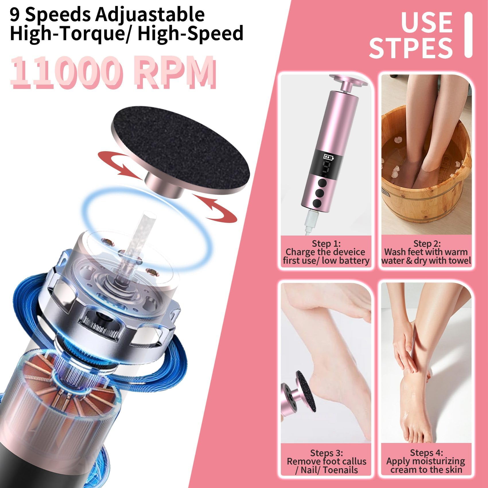JUUTREN Callus Remover for Feet - Electric Foot File&Nail Grinder 2in1, Rechargeable Dermave Electric Foot Callus Remover with 30 Sandpaper Discs, Cordless Pedicure Tool for Dead Skin Removal, 9Speed