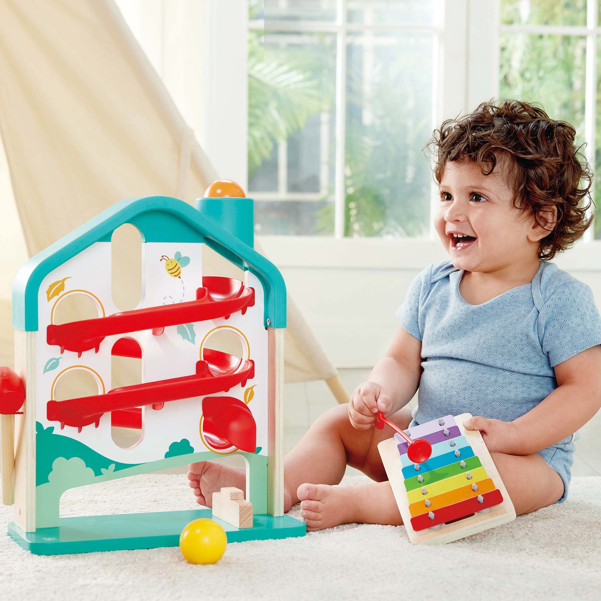 Hape: Melody Mansion Ball Run - Colorful Wooden Toy With Removable Xylophone Musical Instrument, Hands On Ball & Sounds Toy, Baby-Toddler-Kids Ages 1+