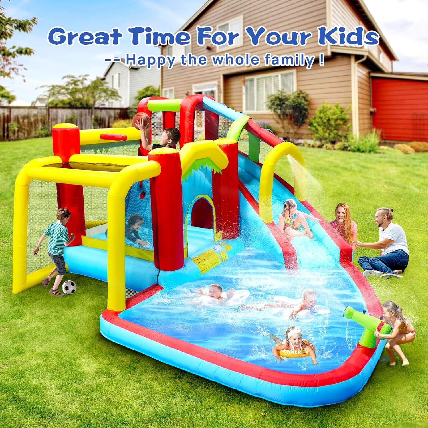 HNH 7 in 1 Inflatable Slide Water Park 177"x138"x95"H, Inflatable Bounce Houses for Kids with Splash Pool Water Gun