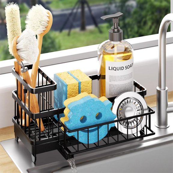 Consumest Sponge Holder for Kitchen Sink - Auto Draining Sink Caddy Organizer with Detachable Rack, High Brush Holder, Kitchen Countertop Storage Accessories, Black
