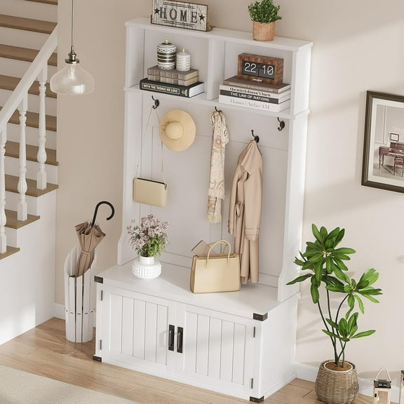Studyset Hall Tree with Shoe Storage Bench, 4-in-1 Entryway Bench with Coat Rack & Adjustable Shlef & 2 Wood Door, Hall Tree with Metal Corner & 5 Tri-Hooks for Entryway,Bedroom, Living Room