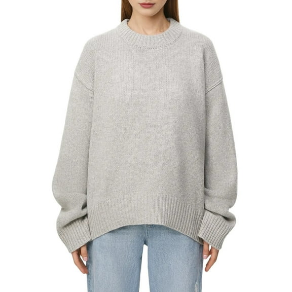Women'S Sweater Crew Neck Long Sleeve Pullover Loose Fit Soft Knit Ribbed Hem Fall Winter Outfit Light Gray One size