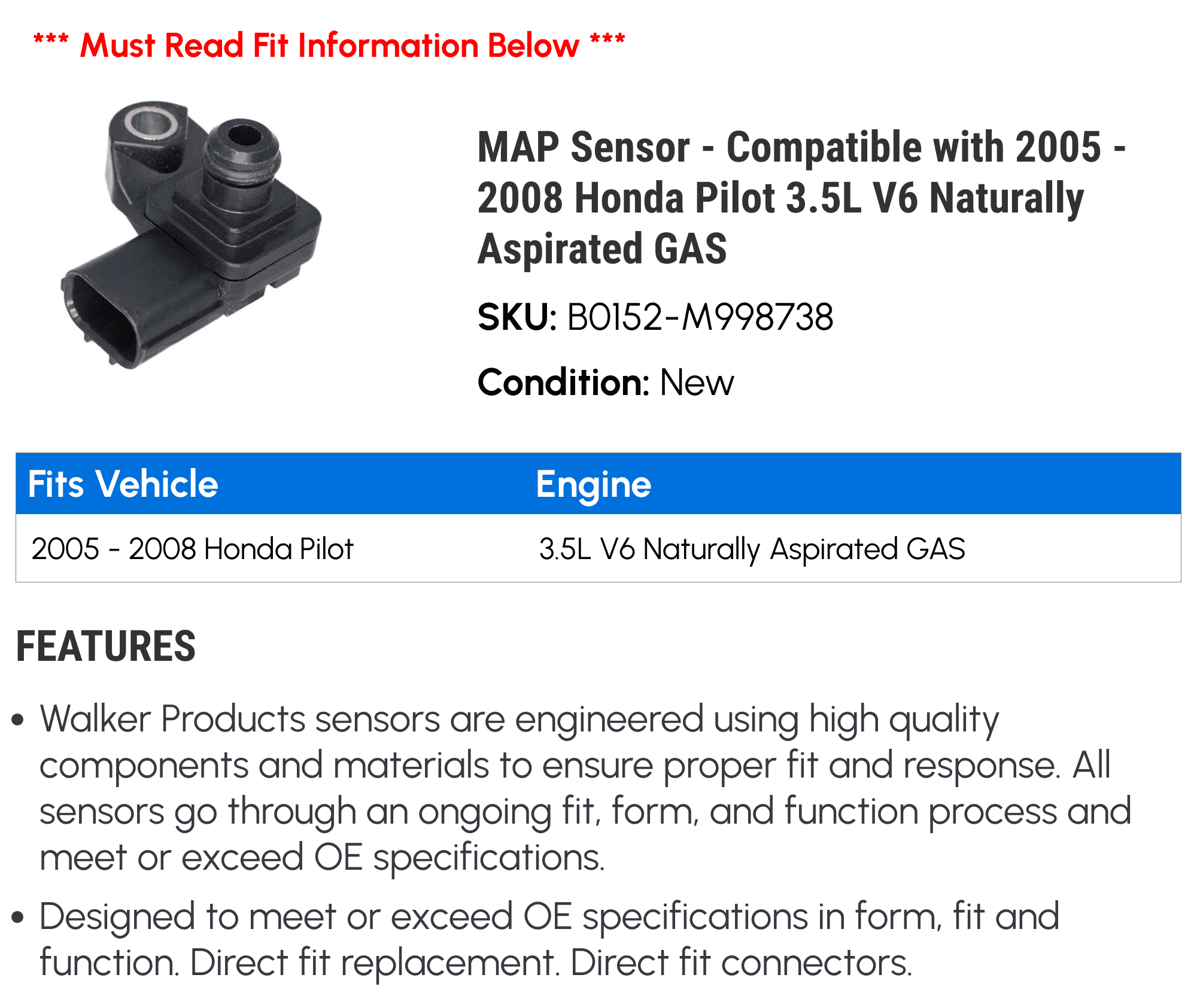 MAP Sensor - Compatible with 2005 - 2008 Honda Pilot 3.5L V6 Naturally Aspirated GAS 2006 2007