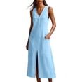 thumbnail image 4 of Gamivast Linen Midi Dresses for Women Casual V Neck Sleeveless Shift Dress with Pockets Button Up Front Slit Summer Dress Solid Everyday Lounge Vacation Dress, 4 of 8