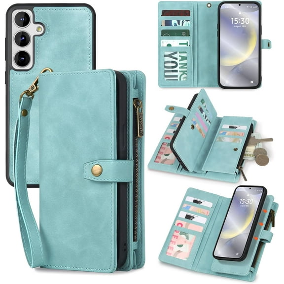 for Samsung Galaxy S24 Plus Wallet Case with Card Holder, Detachable Magnetic Phone Case for S24 Plus,PU Leather All-Round Protective Phone Case Wallet with Wrist Strap,Blue