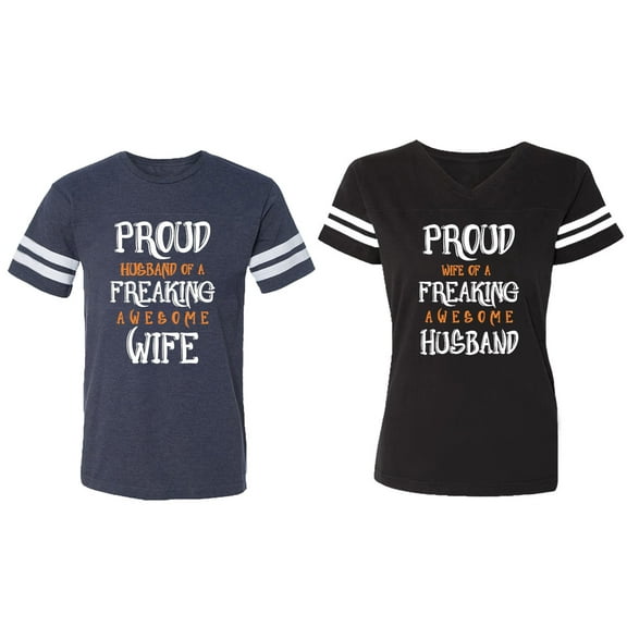 Proud Husband Freaking Wife Matching Couple Cotton Jerseys (Men Navy / Women Black) (Men S / Women S)