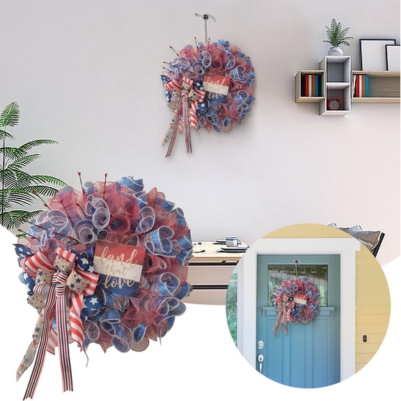 AZXY 4th of July Wreaths for Doors,Patriotic Wreath,Red White and Blue American Flag Independence Day Wreaths,Fourth of July Memorial Day Decorations Hanging