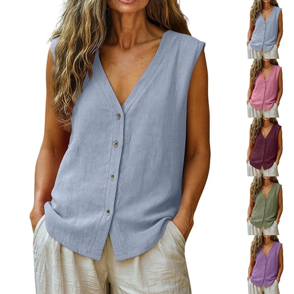 Yotami Womens Button Down Shirt Sleeveless V-Neck Breathable Casual Tank Tops for Beach Summer Solid Color Loose Blouse