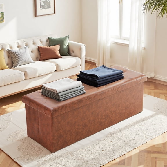 TOPCOMFY 43in Foldable Storage Ottoman Bench with Padded Seat, PVC Leather, for Living Room and Entryway, Brown