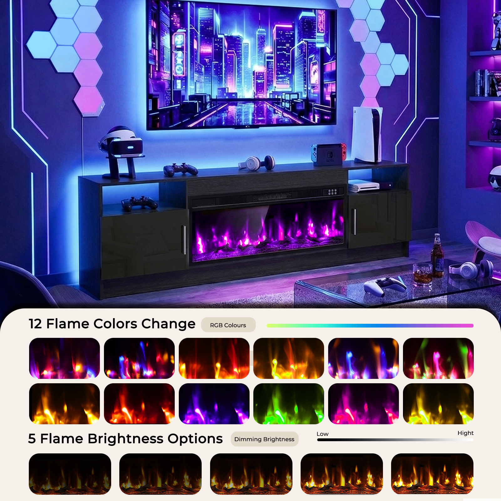 Flictozena 70" TV Stand with 36-Inch Electric Fireplace, Adjustable LED Lights & Storage | Fits TVs Up to 80 Inches | Modern Entertainment Center with Glossy Black Doors