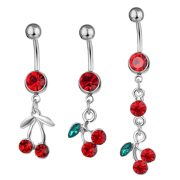 3pcs Crystal Navel Ring Belly Button Rings Cherry Cute Belly Button Rings Belly Bars Double Belly Piercing Belly Button Piercings for Women Girls