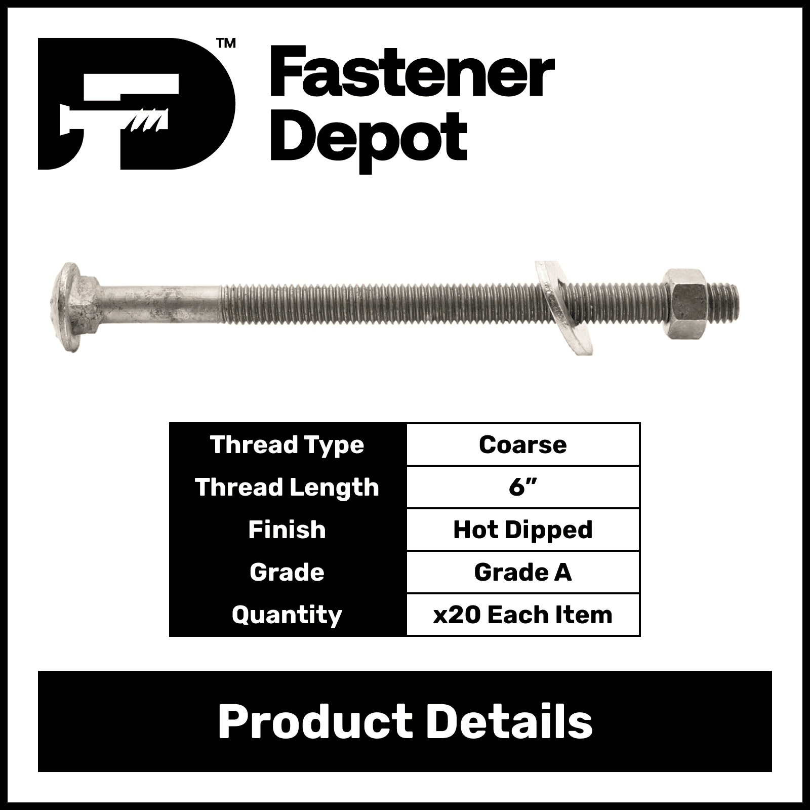 1/2"-13 x 14" Hot Dipped Galvanized Carriage Bolt w/Nuts & Flat Washers, Quantity 20 - by Fastener Depot, LLC