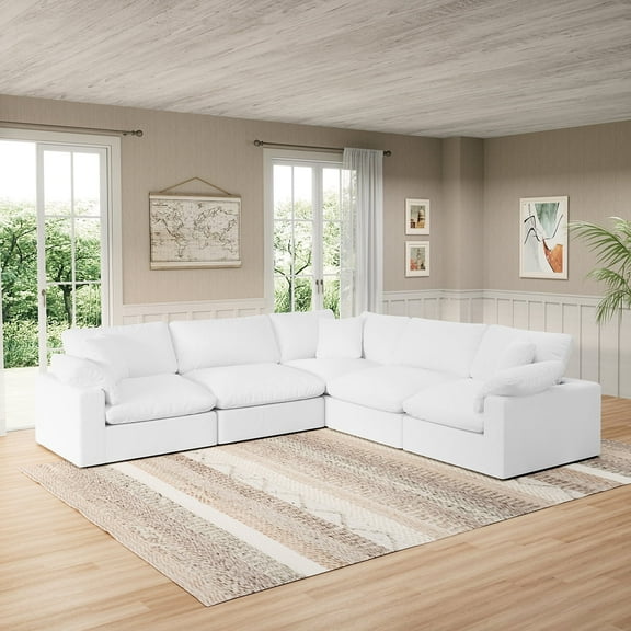 Indecor Home Modern Linen Blend Fabric Cloud Sofa V-Shaped 5 Seater Closed Sectional Couches for Living Room White