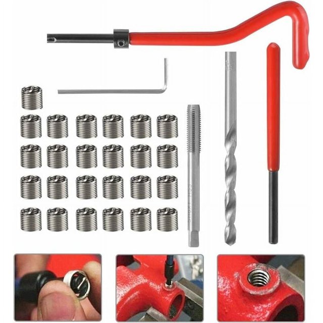 Kit de reparación de roscas para tornillos M6, incluye 25 dados para tornillos y 2 llaves de reparación, material resistente a la corrosión de alta calidad, fácil de usar para reforzar las roscas de