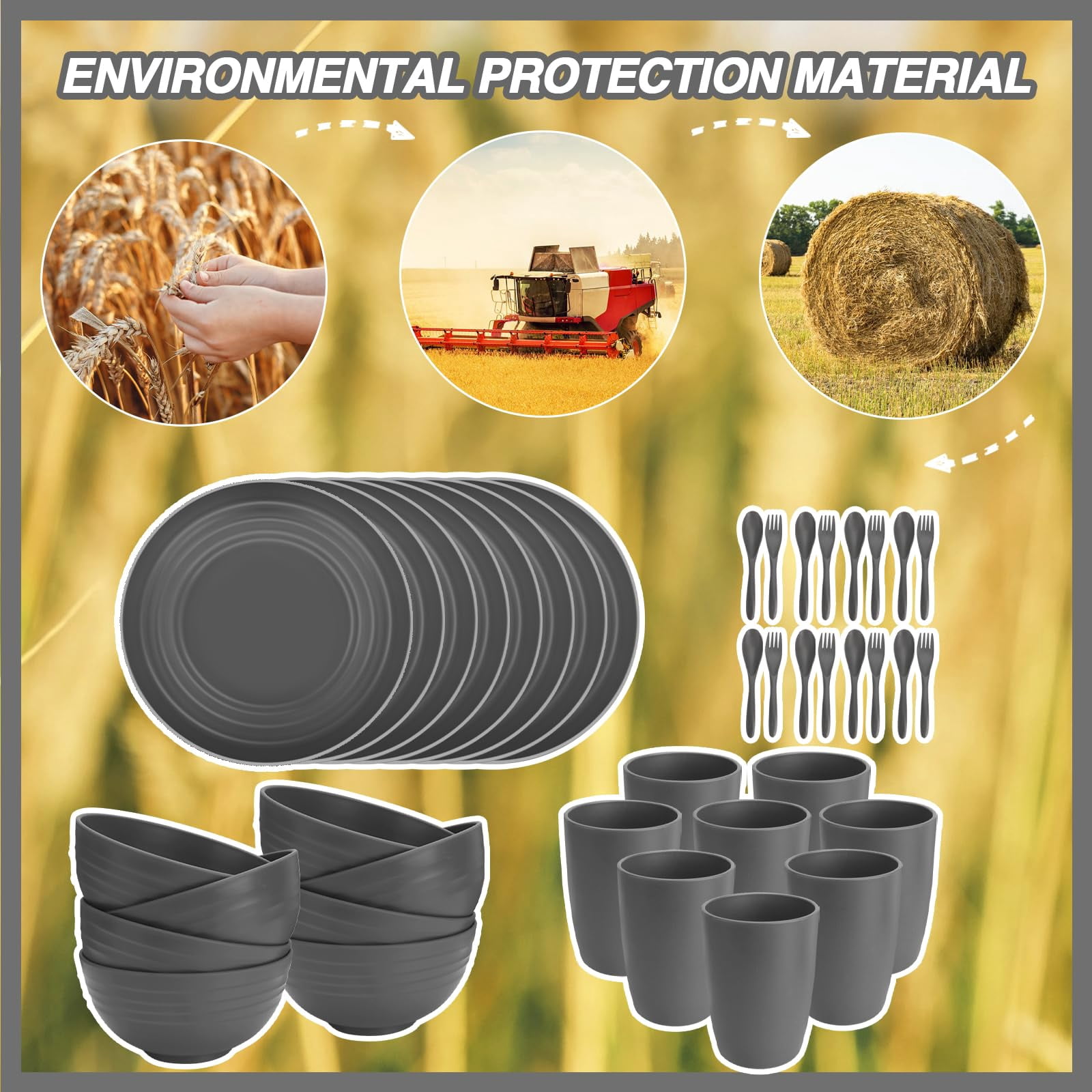Loobuu Wheat Straw Dinnerware Sets for 8, 40 PCS Microwave Unbreakable Plates and Bowls Sets, Reusable Lightweight Tableware for Camping, Kitchen, RV, Dark Grey