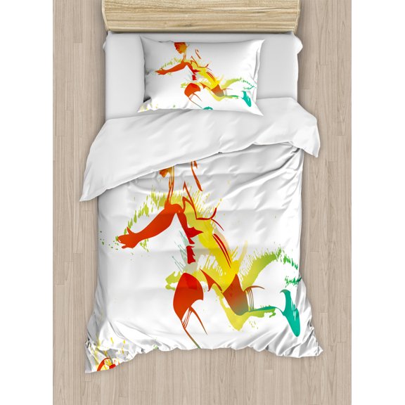 Teen Room Duvet Cover Set Twin Size, Young Man Playing Soccer Football Athlete Game Win Champion Paintbrush Artwork, Decorative 2 Piece Bedding Set with 1 Pillow Sham, Multicolor, by Ambesonne