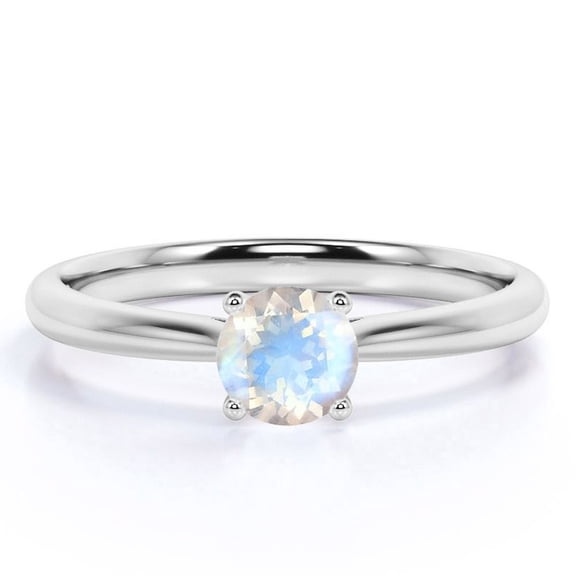 JeenMata 1 Carat Round Faceted Blue Moonstone 6 Prong Solitaire Engagement Ring in 18k White Gold over Silver